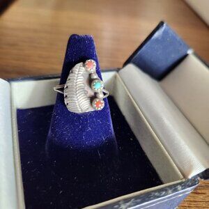 Vintage Navajo Sterling Silver Ring W/ Coral & Turquoise Gemstones Size 5